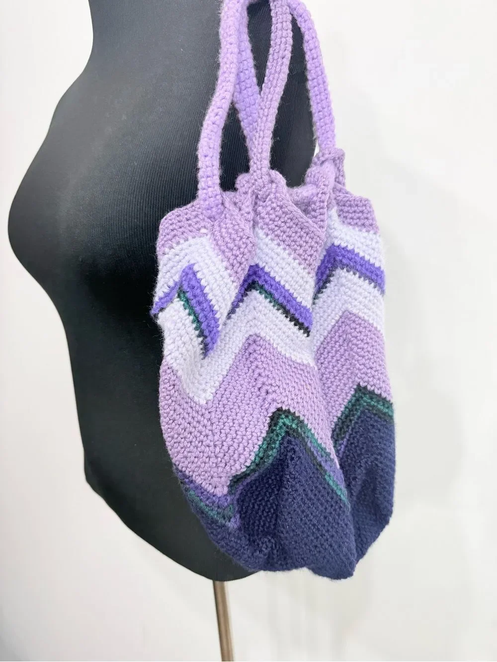Hand Crafted Purple Striped Knit Tulip Shape Drawstring Strap Hobo Slouch Bag